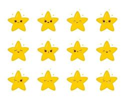 conjunto de estrelas cintilantes kawaii. coleção de emoji de estrelas fofas com emoções de rosto diferentes. ilustração vetorial vetor
