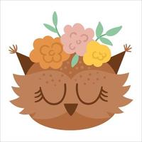 vector rosto de animal selvagem bonito com flores na cabeça e olhos fechados. avatar da floresta boho. ilustração de coruja engraçada para crianças. ícone de pássaro da floresta isolado no fundo branco.
