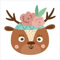 vector rosto de animal selvagem bonito com flores na cabeça. avatar da floresta boho. ilustração de veado engraçado para crianças. ícone da floresta isolado no fundo branco.