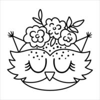 vector preto e branco rosto de animal selvagem bonito com flores na cabeça e olhos fechados. avatar da floresta boho. ilustração de coruja engraçada para crianças. ícone de linha de pássaros da floresta isolado no fundo branco.