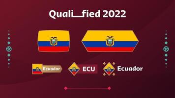 conjunto de bandeira do equador e texto no fundo do torneio de futebol de 2022. padrão de futebol de ilustração vetorial para banner, cartão, site. bandeira nacional do equador vetor