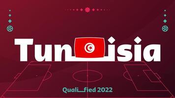 bandeira da tunísia e texto no fundo do torneio de futebol de 2022. padrão de futebol de ilustração vetorial para banner, cartão, site. bandeira nacional tunísia vetor