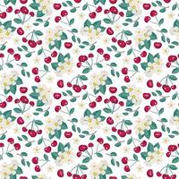 padrão sem emenda de cereja berry com folhas e flores, imprimir em fundo branco. ilustração vetorial plana com diferentes elementos vermelhos e verdes para primavera e verão vetor