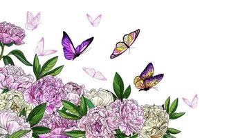 borboletas e flores, lírios e hortênsias, cores brilhantes vetor