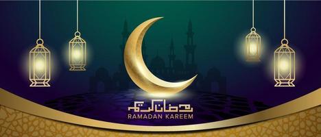 modelo de banner ramadan kareem com lua crescente e lanterna vetor