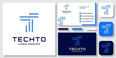 placa de círculo de dados digitais de tecnologia letra inicial t design de logotipo moderno com modelo de cartão de visita vetor