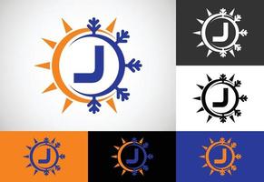 alfabeto inicial do monograma j com sol e neve abstratos. símbolo de sinal de logotipo de condicionador de ar. símbolo quente e frio. vetor