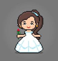 Garota de pixel de 8 bits segurando flores, pixels de princesa para ativos de jogos e padrões de ponto de cruz em ilustrações vetoriais. vetor
