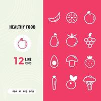 Conjunto de 12 ícones de comida saudável. estilo de contorno, linha e traçado branco sobre fundo vermelho. coleção de ícones finos para web design, aplicativo e os projetos mais modernos. vetor