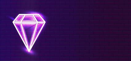 led vermelho-violeta super brilhante neon diamante, cristal, pedra e tipo de ícone de item precioso. dia dos namorados neon realista. no diamante na parede. fundo da parede. vetor