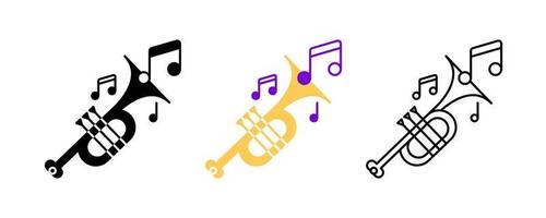 trompete e conjunto de ícones de notas musicais. ícone de entretenimento e música. conjunto de ilustração vetorial de arte. conjunto de linhas editável. silhueta, colorido, conjunto de ícones lineares. vetor