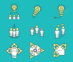conjunto de ícones relacionados ao trabalho em equipe colorido. inovação, líder, ideia, ideia comum. vetor
