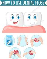 dente limpo e processo de uso do fio dental em fundo branco vetor