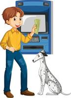 um homem retirar dinheiro do caixa eletrônico e um cachorro vetor