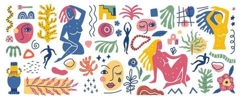 conjunto de doodle na moda e ícones de natureza abstrata em estilo de arte matisse vetor