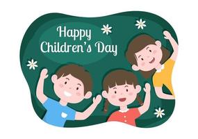 feliz celebração do dia das crianças com meninos e meninas brincando na ilustração de fundo de personagens de desenhos animados adequada para cartões ou cartazes vetor