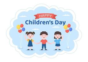 feliz celebração do dia das crianças com meninos e meninas brincando na ilustração de fundo de personagens de desenhos animados adequada para cartões ou cartazes vetor