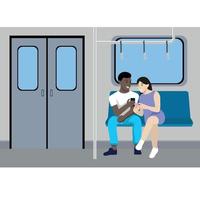 cara com uma garota com telefones nas mãos no vagão do metrô, vetor plano