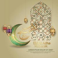 saudação islâmica com caligrafia eid al adha, símbolo kaaba, lanterna e ornamento de mosaico. ilustração vetorial vetor