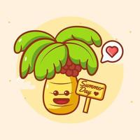 coqueiro de desenho animado kawaii com expressão feliz celebrando o verão com amor vetor
