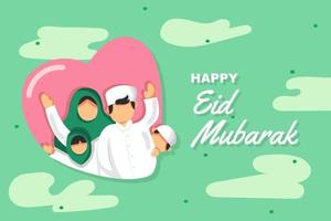 feliz eid mubarak ilustração plana família muçulmana com amor vetor