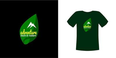 vetor de design de camiseta, com forma de folha verde e 2 montanhas em um pano escuro com a aventura de texto de volta à natureza, pode ser ajustado para diferentes cores de fundo