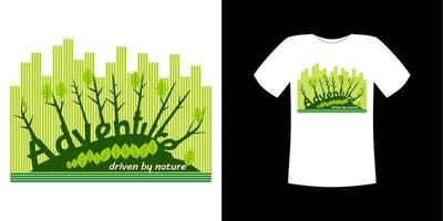 vetor de design de camiseta, com listras, árvores, folhas e colinas, com a aventura de texto impulsionada pela natureza, pode ser personalizada para diferentes cores de fundo