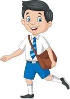 menino de escola feliz dos desenhos animados em uniforme carregando mochila vetor