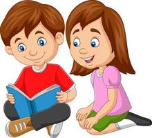 desenho animado menino e menina lendo livro vetor