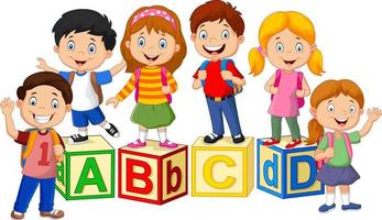 crianças em idade escolar felizes com blocos de alfabeto vetor