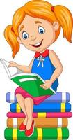 menina dos desenhos animados lendo um livro na pilha de livros vetor