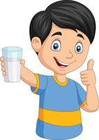 desenho animado garotinho com um copo de leite dando o polegar para cima vetor