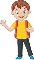 menino de escola de desenho animado carregando mochila acenando com a mão vetor