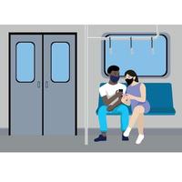 um cara com uma garota de máscaras e com telefones nas mãos no vagão do metrô, vetor plano
