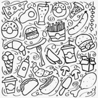 ícones de conjunto de fast-food, fundo de fast-food. doodle ícones de fast-food. ícones de comida em fundo branco. mão afogar vetor ícones de conjunto de fast food