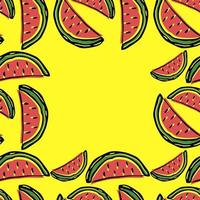 padrão de melancia sem costura com lugar para texto. doodle vector com ícones de melancia em fundo amarelo. padrão de melancia vintage