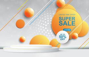 pódio super venda com espaço em branco para venda de produtos com design branco e laranja