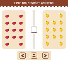 encontre as sombras corretas das frutas dos desenhos animados. jogo de busca e correspondência. jogo educativo para crianças e bebês da pré-escola vetor