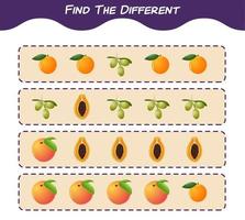 encontre as diferenças entre as frutas dos desenhos animados. jogo de busca. jogo educativo para crianças e bebês da pré-escola vetor