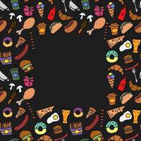 padrão de fast food sem costura colorido com lugar para text.doodle vector com ícones de fast food em fundo preto ilustração de fast food vintage, fundo de elementos doces para seu projeto, menu, loja de café