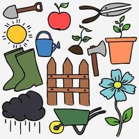vetor de doodle colorido com ícones de jardinagem. ícones de jardinagem vintage em fundo branco