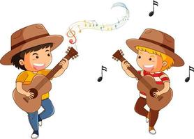 dois meninos tocando guitarra em estilo cartoon