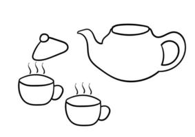 bule de chá desenhado à mão e uma xícara sobre o tema de beber chá vetor