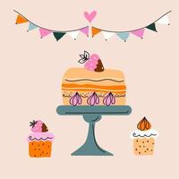 conjunto carrinho de bolo, cartão de feliz aniversário, sobremesas de creme de chocolate, arte vetorial. vetor