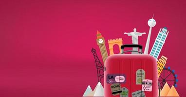 bolsa de viagem vermelha moderna com pontos turísticos famosos. banner de vetor 3D com espaço de cópia