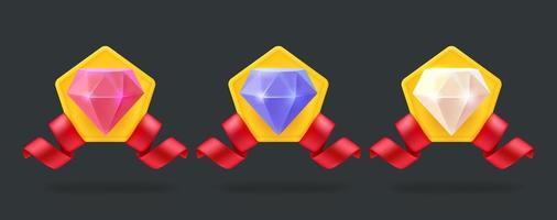 emblemas com gemas coloridas e fitas. conjunto de elementos vetoriais 3D vetor