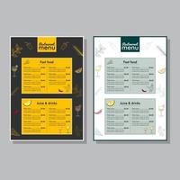 design de cartão de menu de restaurante, menu vetorial de fast food em design de folheto de negócios estilo esboço, menu de restaurante com suco desenhado à mão, bebidas, fast food em tamanho a5