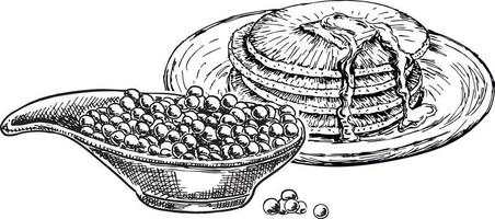 panquecas com caviar. produtos de tradição russa. ilustração em vetor mão desenhada esboço. as panquecas colocadas por uma pilha, um produto culinário é um monte de panquecas. produto do marisco de peixe vermelho e esturjão.
