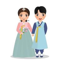 casal fofo no personagem de desenho animado tradicional vestido hanbok da coreia do sul. ilustração vetorial. vetor