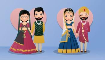 conjunto de casal bonito no vestido tradicional indiano de personagens de desenhos animados noiva e cartão de convites de groom.wedding. vetor